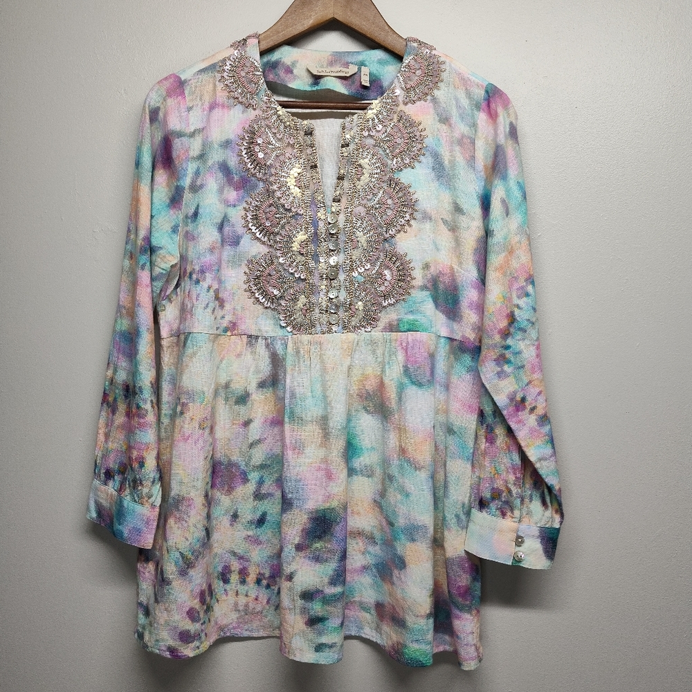 Soft Surroundings Bazille Tunic Women Size PM Watercolor Front Embellished Artsy